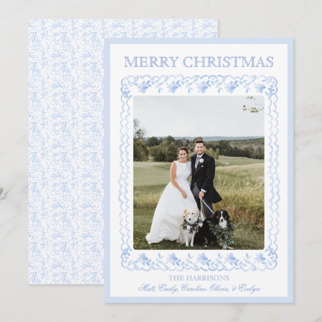 Vattenskärg jul Blue Chinoiserie One Photo Julkort (Fram/baksida)