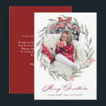 Vattenskärg Jul Folium Utandning Foto till Julkort<br><div class="desc">Vattensfärg Jul Folium Utandning Foto Helgdag Card | Skicka julhälsningar till familj och vänner med det här anpassadets gröna helgdag-kort. Den har vattenfärgade illustrationer av löv,  båge och hollier. Du kan lägga till ett annat foto eller någon annan bild på baksidan av kortet. Matchande objekt är tillgängliga.</div>