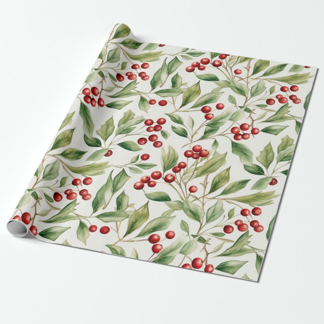 Vattenskärg jul Grönt Holly med rödbär Presentpapper (Utrullad)