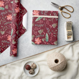 Vattenskärg Jul Grönt Röda Blommigtar Maroon Presentpapper
