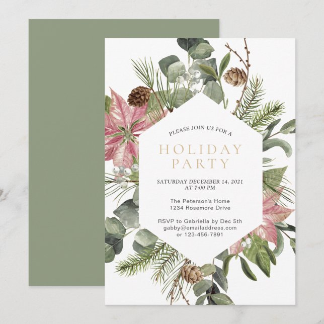 Vattenskärg Jul Julfesten Watercolor Guld Inbjudningar (Fram/baksida)