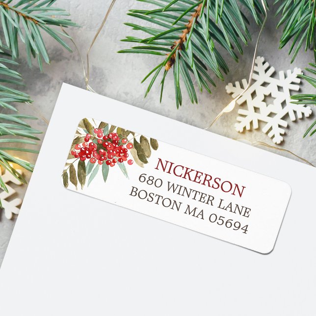 Vattenskärg, julberries, Returadress Etikett (Watercolor Christmas Berries Return Address Label)