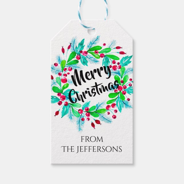 Vattenskärg Juldag Blommigt God jul Presentetikett (Framsidan)