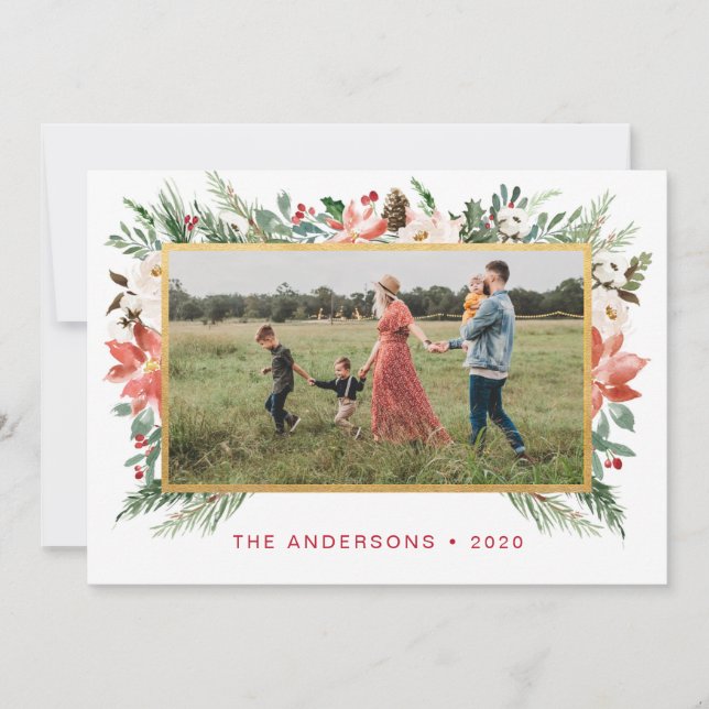 Vattenskärg Juldag Blommigt med Guld Foto Julkort (Framsida)