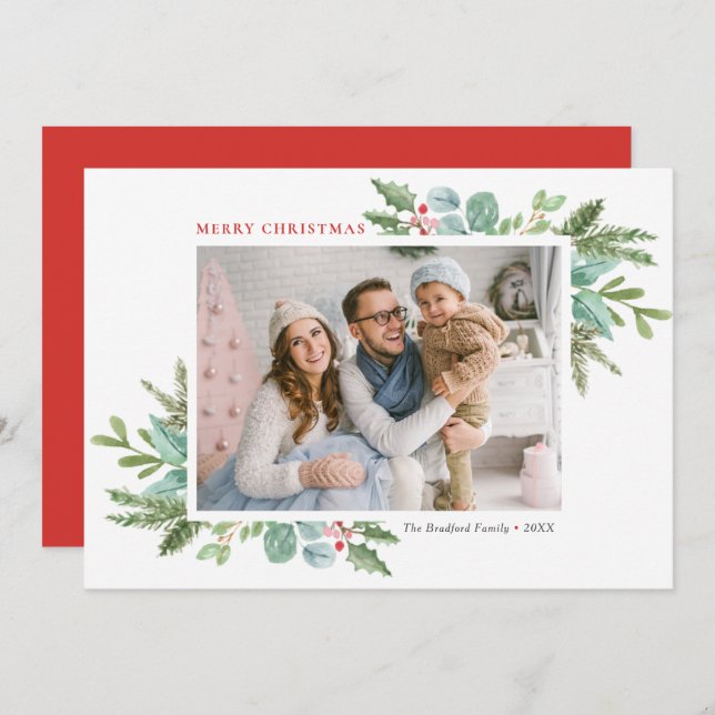 Vattenskärg Julfiende Foliage och Holly Photo Julkort (Fram/baksida)