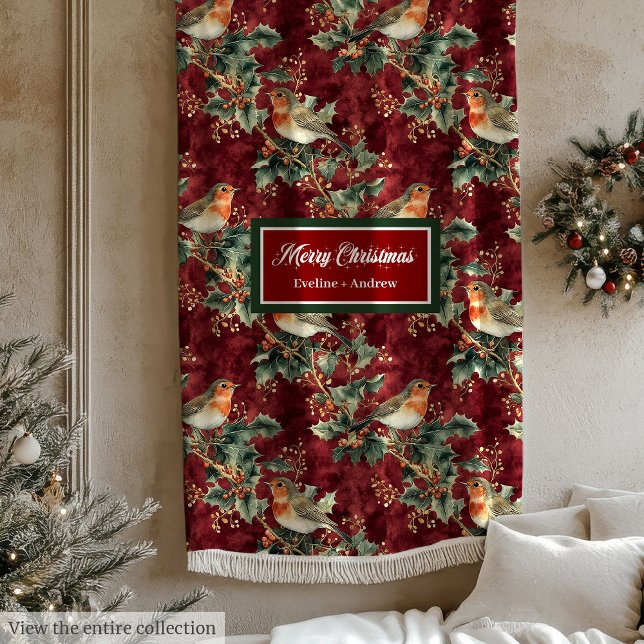 Vattenskärg Julrobin, djup röd, mutad filt (Watercolor Christmas robin deep red muted blanket)