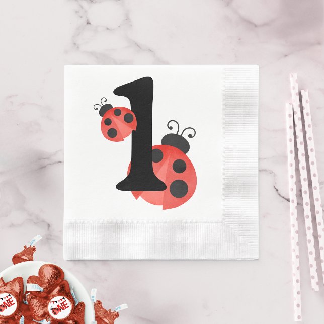 Vattenskärg Ladybug Första Födelsedagsfesten Napki Pappersservett (Watercolor Ladybug 1st Birthday Paper Napkins)