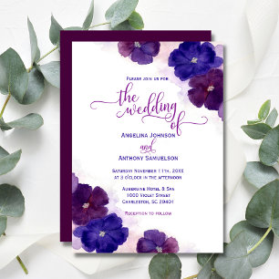 Vattenskärg Lila Plum Royal Blue Blommigt Bröllop Inbjudningar