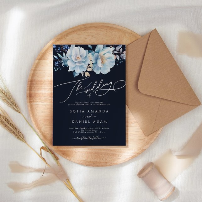 Vattenskärg Mörk blått vinter Blommigt Bröllop Inbjudningar (Skapare uppladdad)