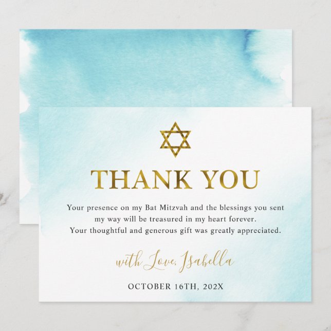 Vattenskärg Pastel Blue Guld Bat mitzvah Tack Kort (Fram/baksida)