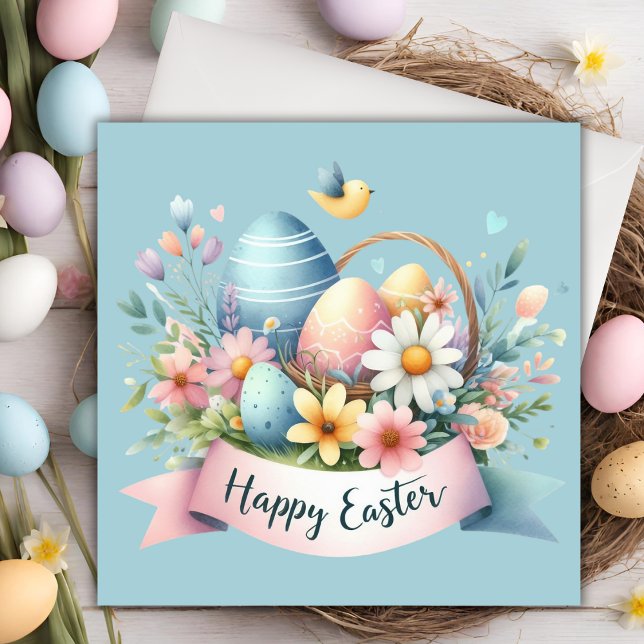 Vattenskärg Pastel Påsk Basket Anpassningsbar Påsk Julkort (Watercolor Pastel Easter Basket Custom Easter Holiday Card with customizable text.)