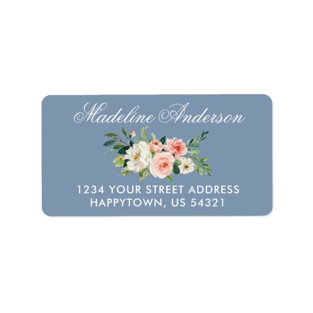 Vattenskärg Rosa Blommigt Dusty Blue-Returadress Adressetikett (Framsidan)