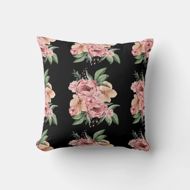 Vattenskärg, rosa, Blommigt, svart kudde (Framsida)