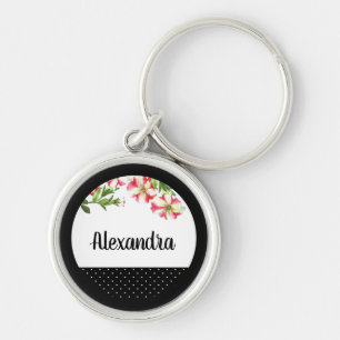 Vattenskärg Rosa och vit Petunias Polka Dot Rund Silverfärgad Nyckelring