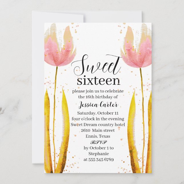 Vattenskärg Rosa Tulips Blommigt Söt 16 Sexton Inbjudningar (Framsida)
