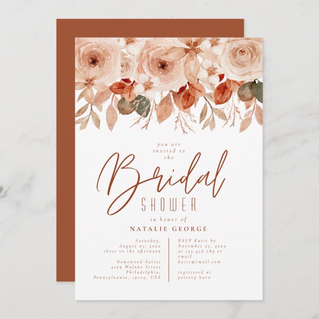 Vattenskärg Terracotta Flowers Fall Möhippa Inbjudningar (Fram/baksida)