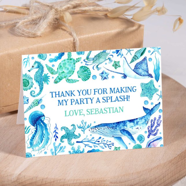 Vattenskärg Valblått under Sea Party Tack Kort (Watercolor Whale Blue Under the Sea Party Thank You Card)