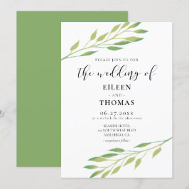 Vattenskärkta grönt löv bröllopsinbjudan inbjudningar