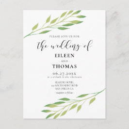 Vattenskärkta grönt löv bröllopsinbjudan vykort