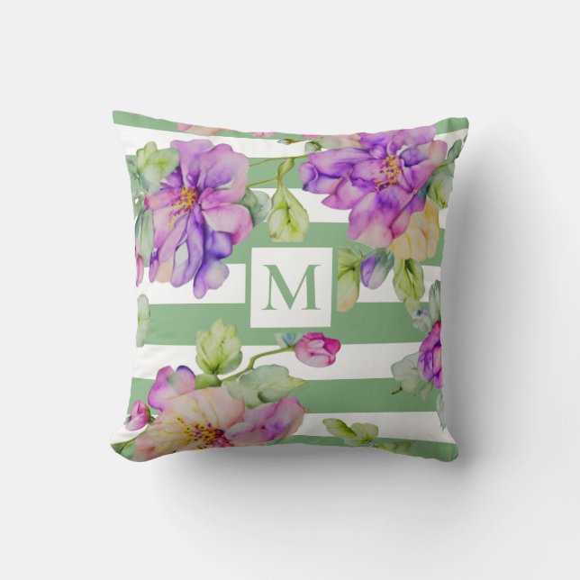 Vattenskärkta lila blommigt grönt  vita remsor kudde (Framsida)