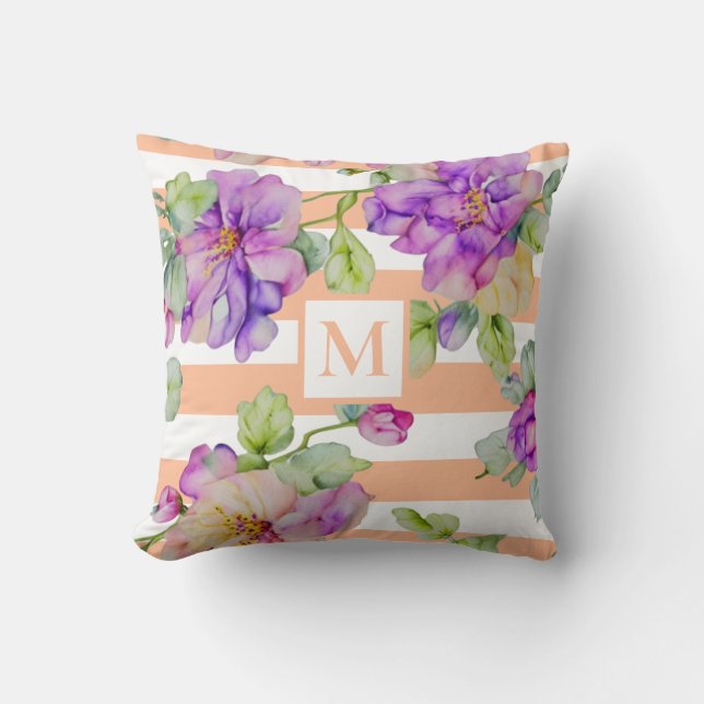 Vattenskärkta lila rosa blommigt orange, vita rems kudde (Framsida)