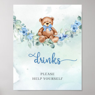 Vattenskärkta Nalle blå blommigt, gröna drycker Poster