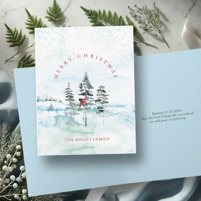 Vattenskärl med bibelverse helgkort (Christmas card bible verses features watercolor snowy pine tree art & cardinal Victoria Grigaliunas)