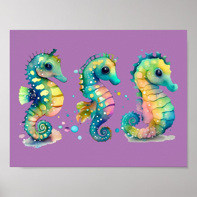 Vattenskärl Pastel Rainbow Seahästar Poster (Framsidan)