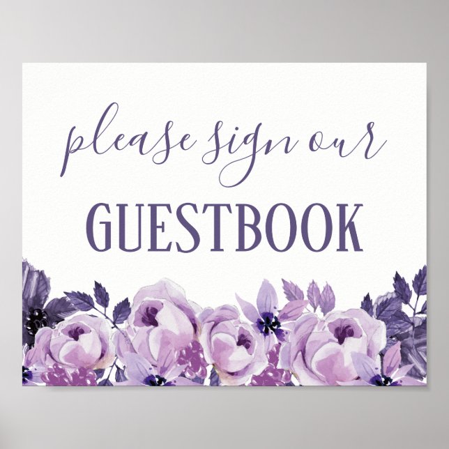 Vattenskärm för Lila Blommigt Bröllop Guestbook-te Poster (Framsidan)