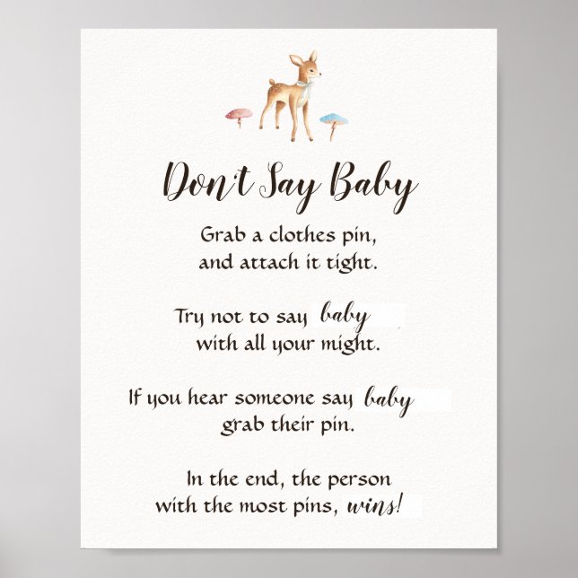 Vattenskärna Baby Hjort "Säg inte Baby" Shower Gam Poster (Framsidan)