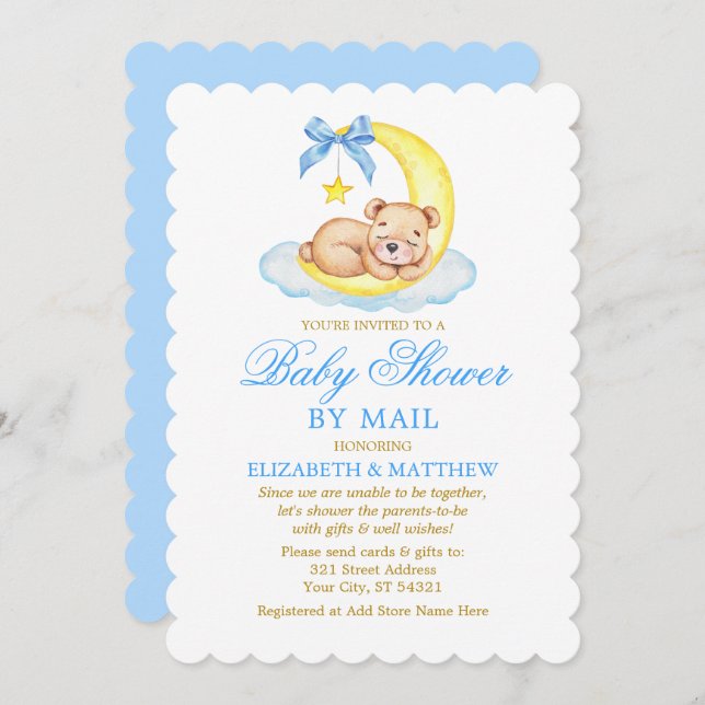 Vattenskärna Bear Måne Blue Guld Shower by Mail Inbjudningar (Fram/baksida)