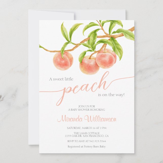 Vattenskärna Den lilla persikan är på babyduschen Inbjudningar (Framsida)