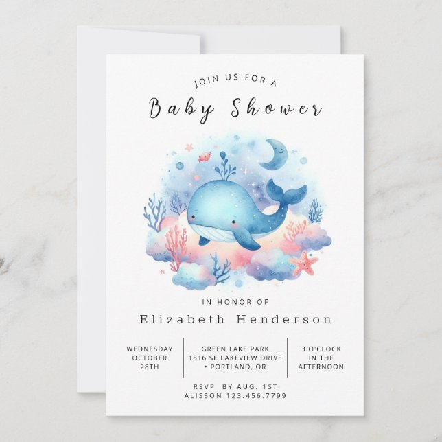 Vattenskärna Digital Whale Baby Shower Inbjudningar (Framsida)
