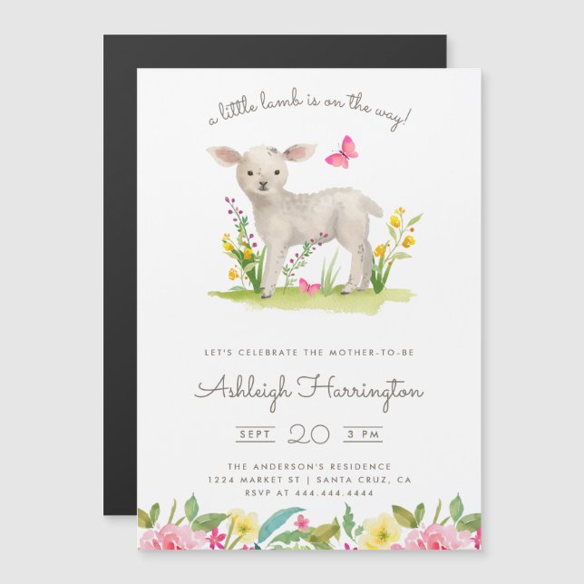 Vattenskärna Little Lamb Vår Meadow Baby Shower Magnetisk Inbjudningskort (Fram/baksida)