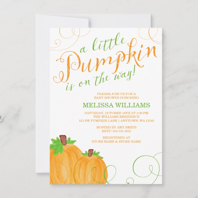 Vattenskärna Little Pumpkin Fall Baby Shower Inbjudningar (Framsida)