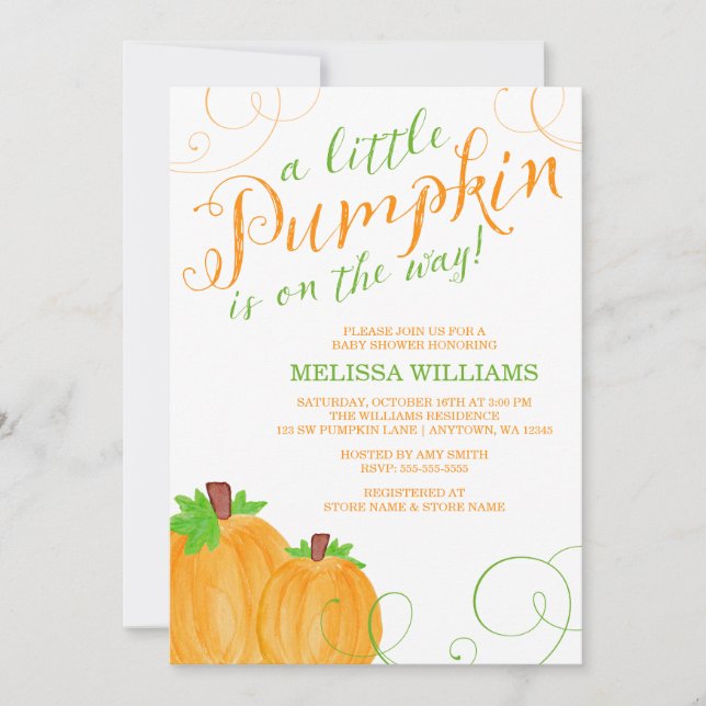 Vattenskärna Little Pumpkin Fall Baby Shower Inbjudningar (Framsida)