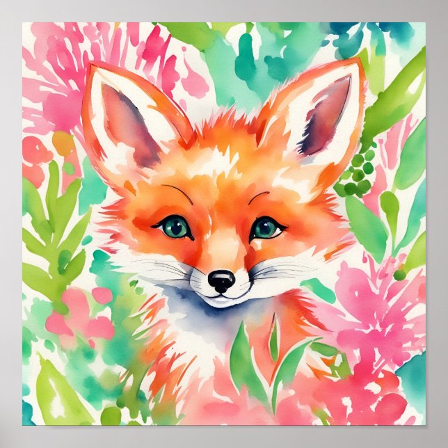 Vattenskärna Preppy Handflatan Beach Fox i Blommor Poster (Framsidan)