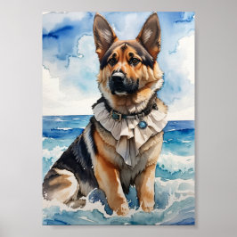 Vattenskärna Tyska shepherd vid Beach 5 Poster