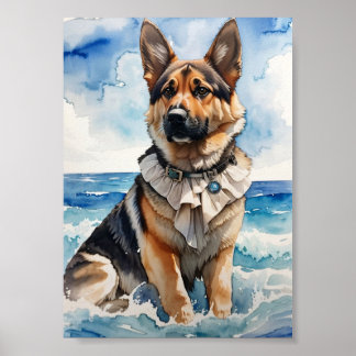 Vattenskärna Tyska shepherd vid Beach 5 Poster
