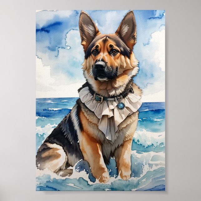 Vattenskärna Tyska shepherd vid Beach 5 Poster (Framsidan)