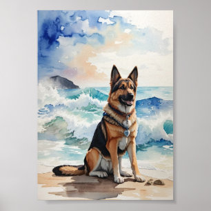 Vattenskärna Tyska shepherd vid Beach 6 Poster