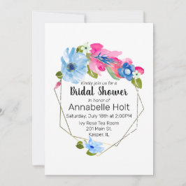 Vattenskärtad blå Shock rosa Blommigt Guld Ram Inbjudningar