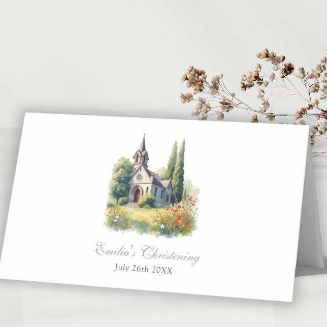 Vattenskärtad Blommigt Church Baptism Christening Placeringskort (Watercolor FLoral Church Baptism Christening Place Card)