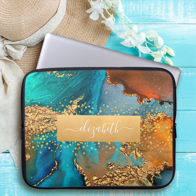 Vattenskärtad guld-turkos orange namn glam laptop fodral (Skapare uppladdad)