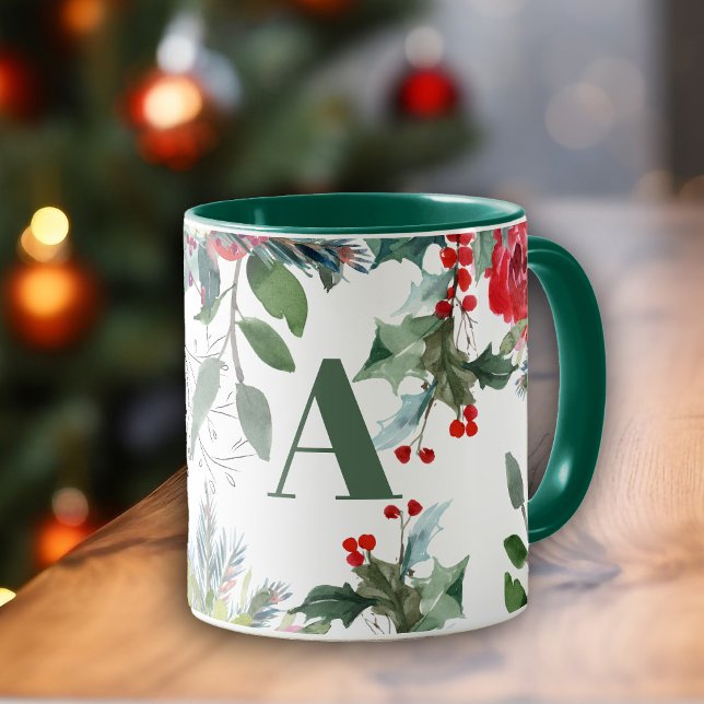 Vattenskärtad Julblommigt elegant grönt monogram Mugg (Skapare uppladdad)