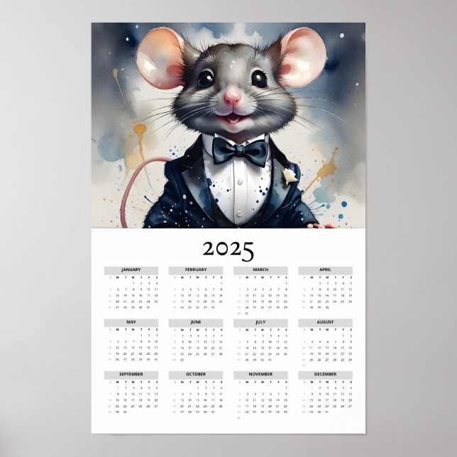 Vattenskärtad mus med Tuxedo 2025-väggkalender Poster (Framsidan)