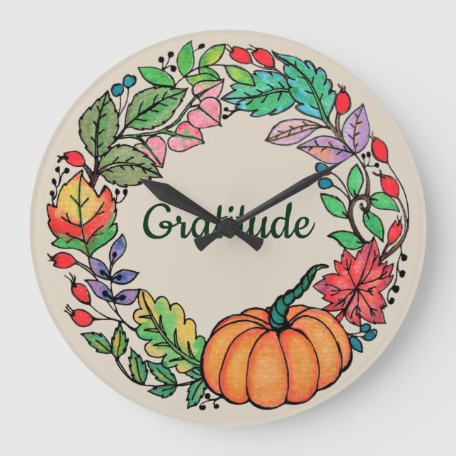 Vattenskärtad Pumpkin-andedräkt med löv Stor Klocka (Framsida)