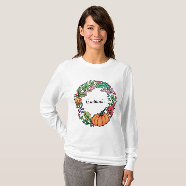 Vattenskärtad Pumpkin-andedräkt med löv T Shirt (Hel framsida)