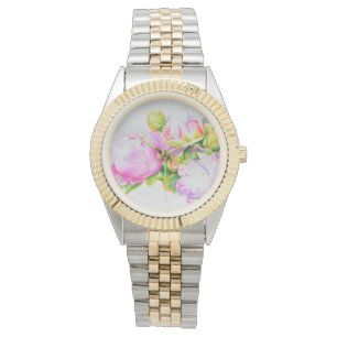 Vattenskärtad rosa blommigt rosa, vit blommigt armbandsur