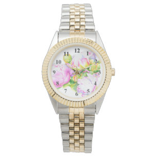 Vattenskärtad rosa blommigt rosa, vit blommigt armbandsur